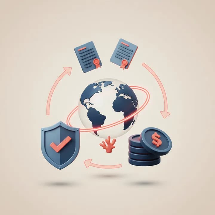 Globe surrounded by corporate documents, a shield and coins illustrating the benefits of a Seychelles IBC