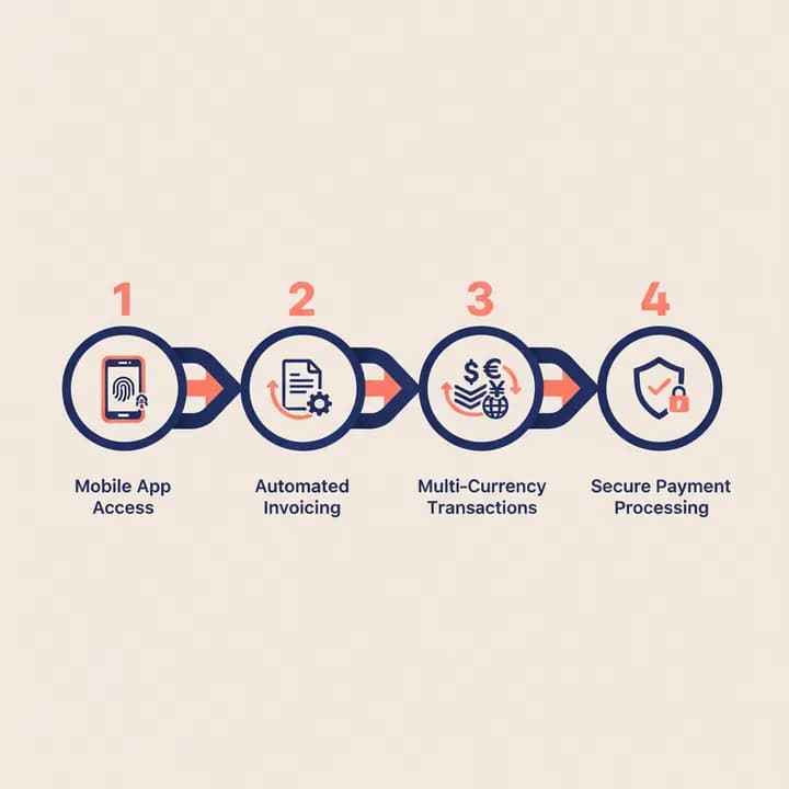 Digital banking overview for freelancers with mobile app, invoicing, multi-currency transactions and secure payments