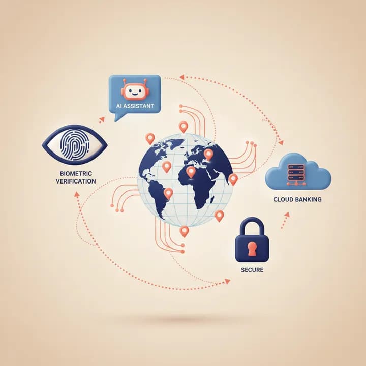 Digital banking innovations including biometrics, AI assistants, APIs and cloud banking