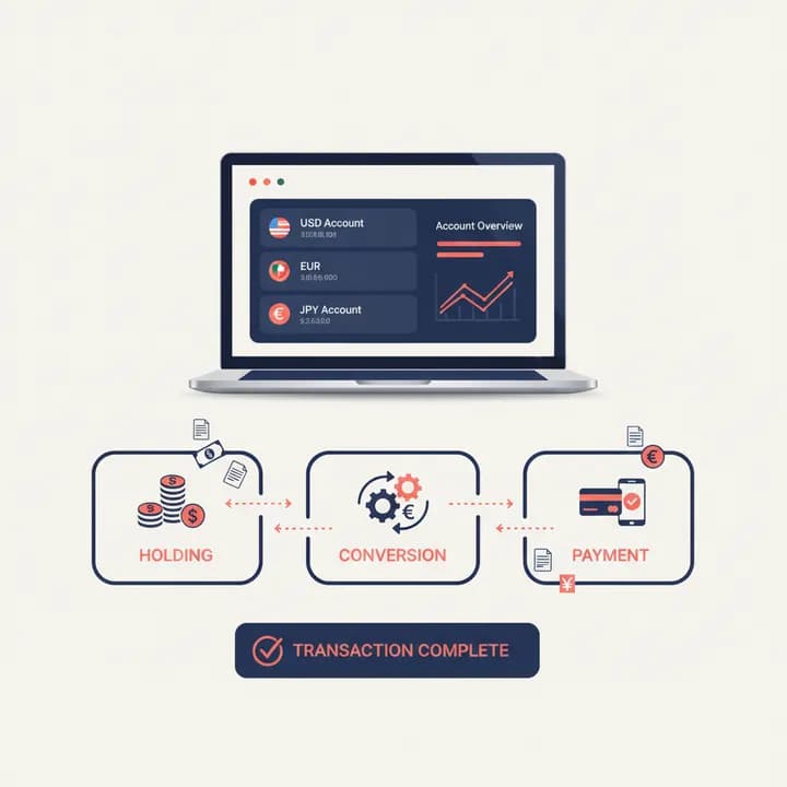 Multi-currency business account workflow from holding balances to making payments