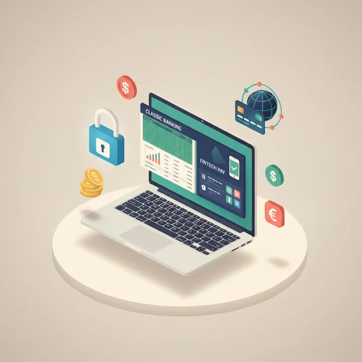 Illustration contrasting a traditional bank dashboard with a fintech payment interface