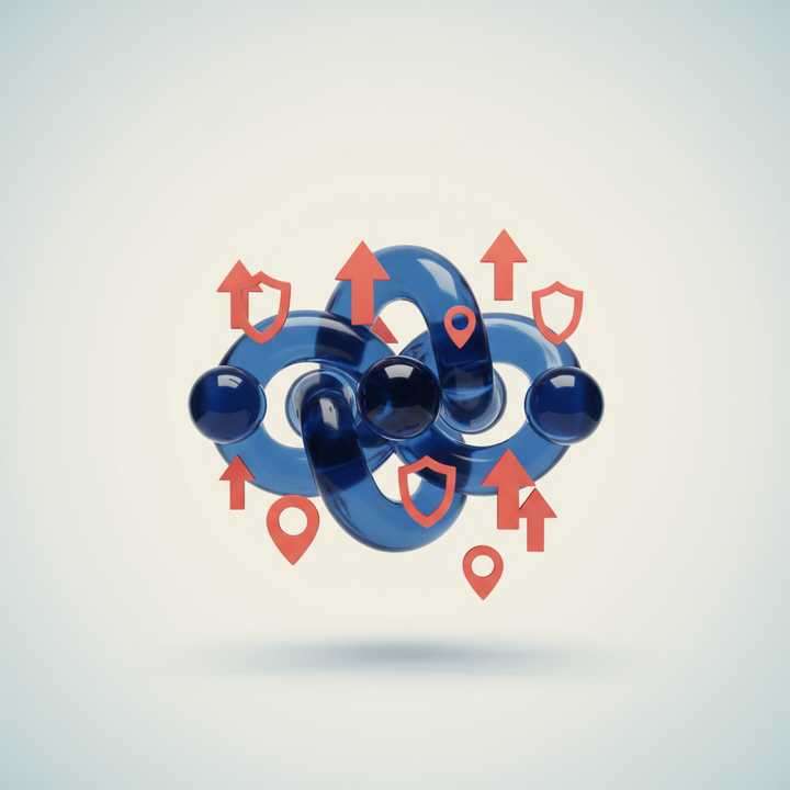 Abstract 3D spheres with location pins and shields symbolizing holding company asset protection and international growth