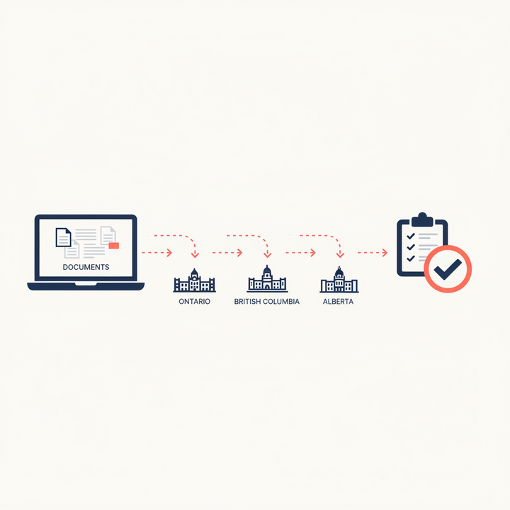 Flow of Canadian incorporation documents from laptop to provincial government buildings with checklist icons