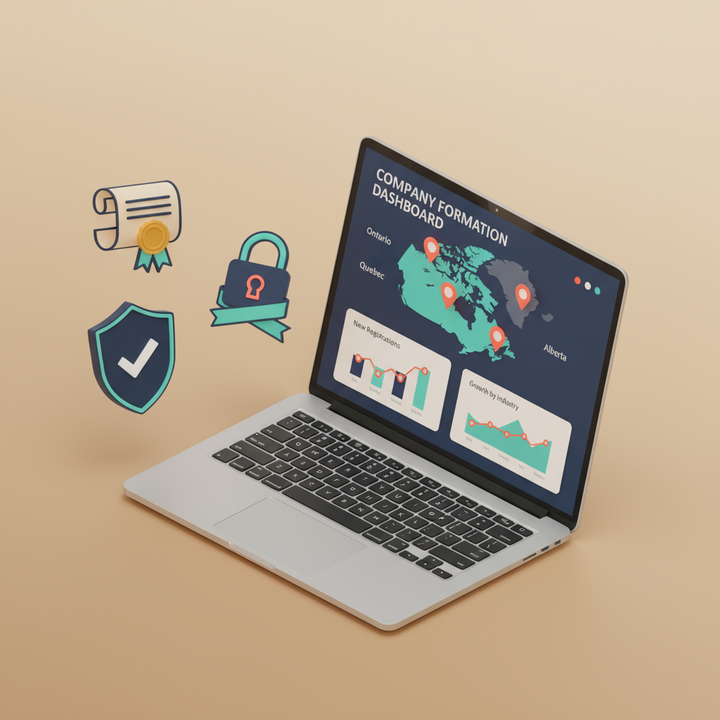 Isometric workspace showing Canadian incorporation benefits with certificates and security icons