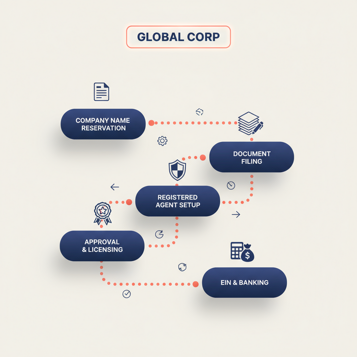 Step-by-step incorporation process infographic showing name reservation, document filing, agent setup, approval, and EIN application