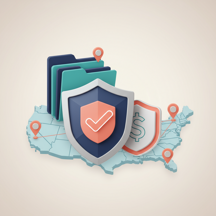 3D icons depicting legal protection, cost savings, and paperwork over a US map highlighting Delaware, Nevada, and Wyoming