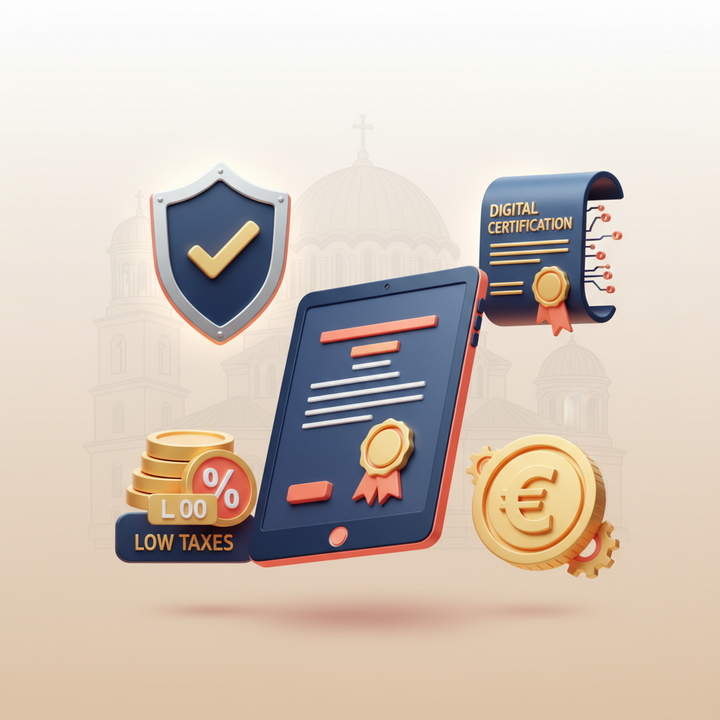 3D icons illustrating Bulgarian tax benefits, compliance shield, and EU business advantages