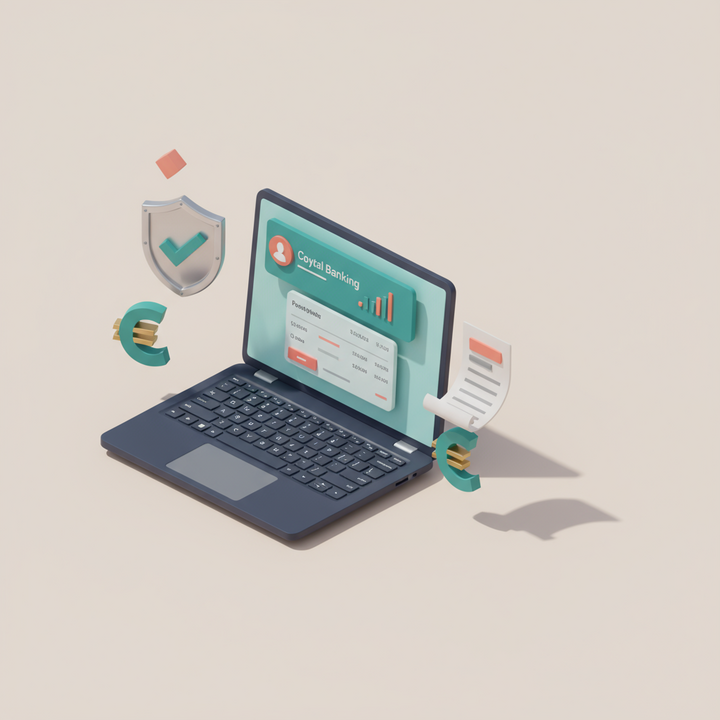 Isometric 3D laptop showing digital banking interface with compliance symbols for Bulgarian company setup