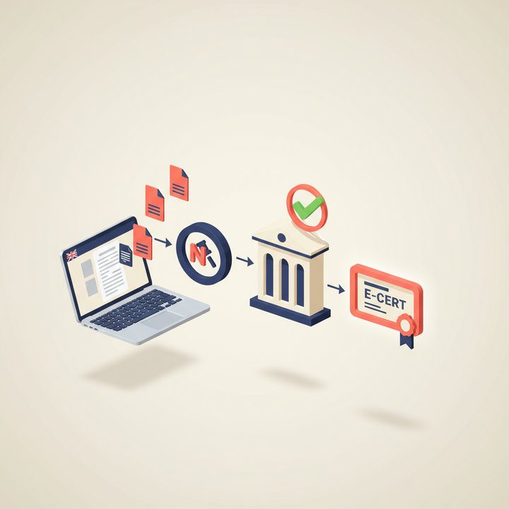 3D infographic depicting the remote company registration process from UK to Bulgaria with document flow and approvals