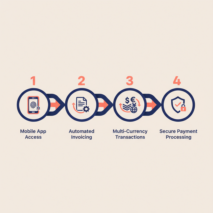 Digital banking process overview with mobile app, invoicing, multi-currency transactions, and secure payments for freelancers