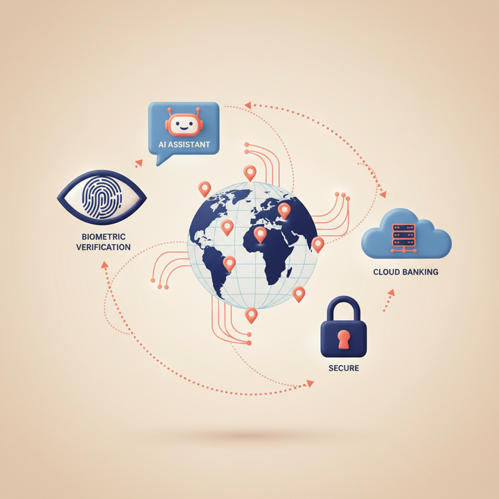 Stylized 3D workflow of digital banking innovations including biometrics, AI assistants, APIs, and cloud banking