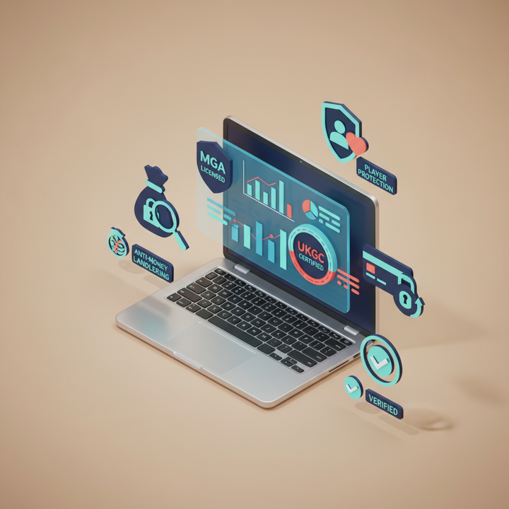 3D laptop display of iGaming license dashboard featuring AML, player protection, and secure payments