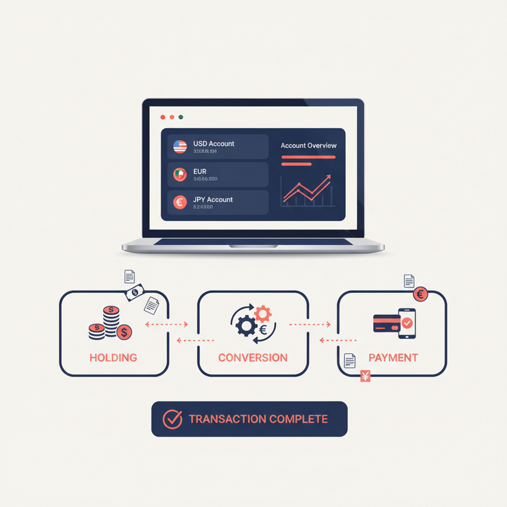 Step-by-step workflow showing multi-currency business account dashboard with currency icons and document flow