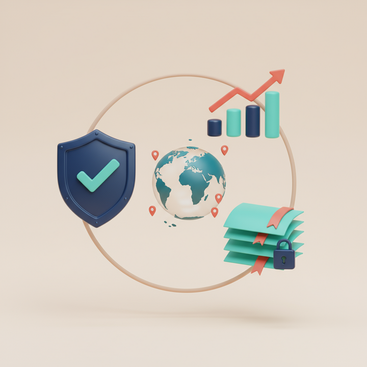 3D icons illustrating Seychelles IBC benefits including tax efficiency, confidentiality, and compliance around Seychelles globe