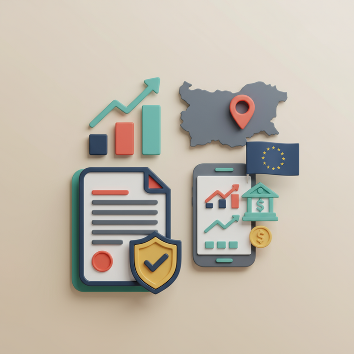 3D icons illustrating benefits of Bulgarian LLC: compliance, tax advantages, banking, and EU access