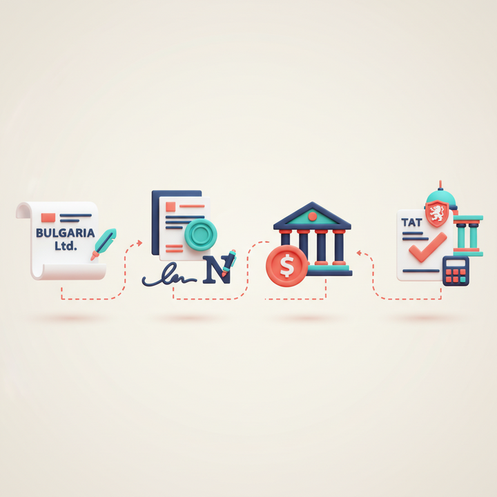 Infographic illustrating step-by-step company formation process in Bulgaria including documents, banking, registration, and tax