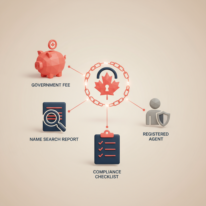 3D icons representing Canadian incorporation fees, name search, registered agent, and ongoing compliance-Incorporating a Company in Canada