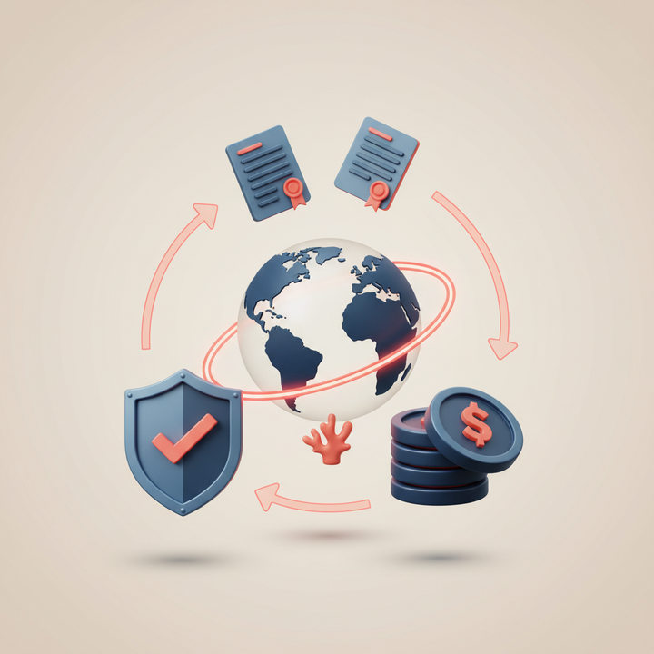 3D icons illustrating Seychelles IBC benefits: confidentiality shield, tax efficiency coins, compliance documents around Seychelles globe