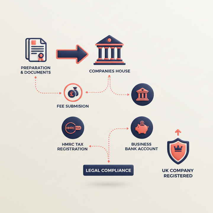 3D flowchart illustrating UK company registration steps including Companies House fee and HMRC tax registration