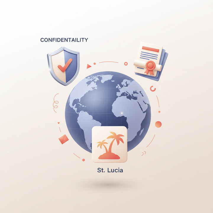 3D icons representing confidentiality, certificates, and St Lucia island symbolizing benefits of St Lucia IBC