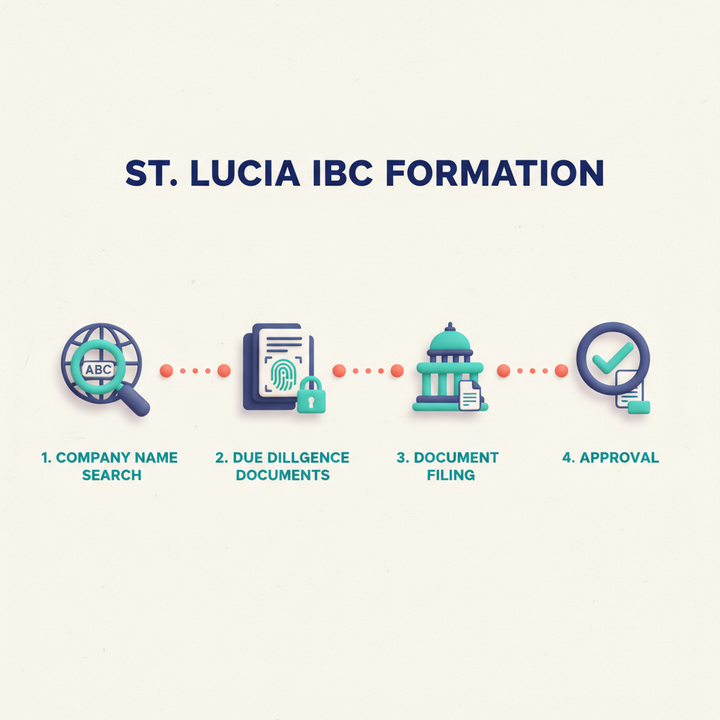 Step-by-step infographic of St Lucia IBC company formation process including name search, due diligence, document filing, and approval