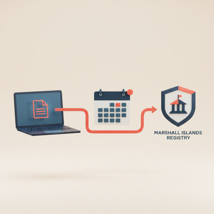 3D workflow showing compliance document processing and Marshall Islands registry management