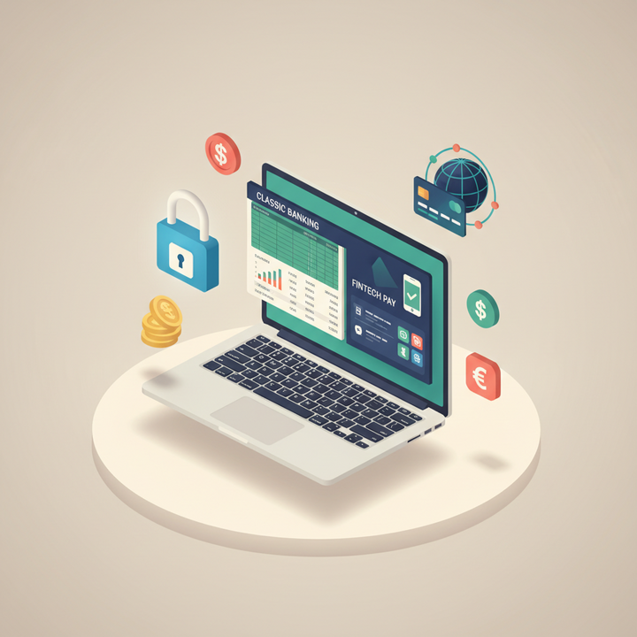 Isometric illustration contrasting traditional bank dashboard and fintech payment interface