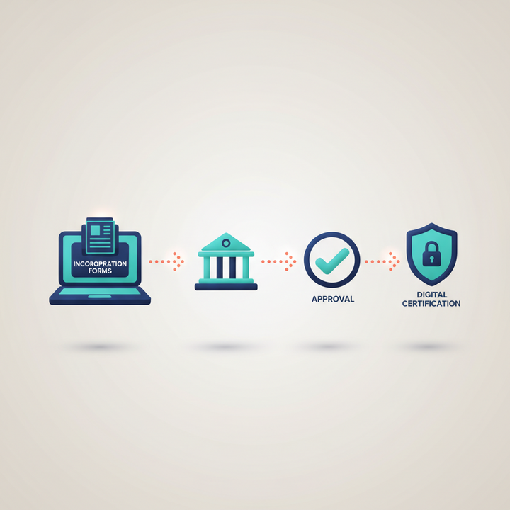 3D digital incorporation process with icons of laptop, government approval, and security shield
