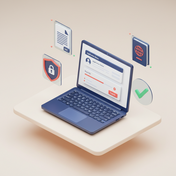 Isometric 3D laptop displaying MSB license application dashboard with documents and security icons