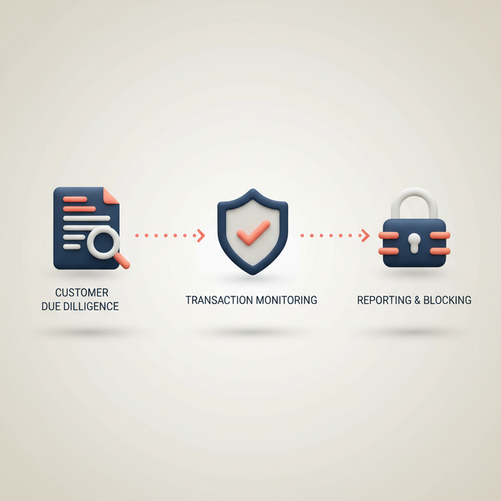 3D workflow illustrating AML compliance with document, shield, and lock icons