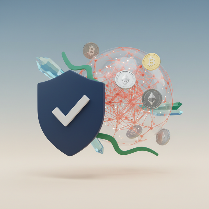 Abstract 3D shield and crypto icons symbolizing secure and promising crypto startup environment in Costa Rica