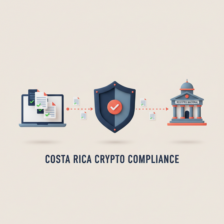 3D infographic illustrating Costa Rica crypto compliance process from documentation to registry