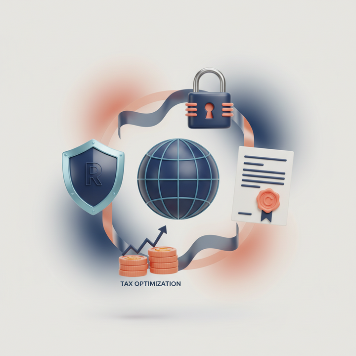 3D icons representing benefits of offshore crypto licenses including regulatory clarity, credibility, tax optimization, and compliance