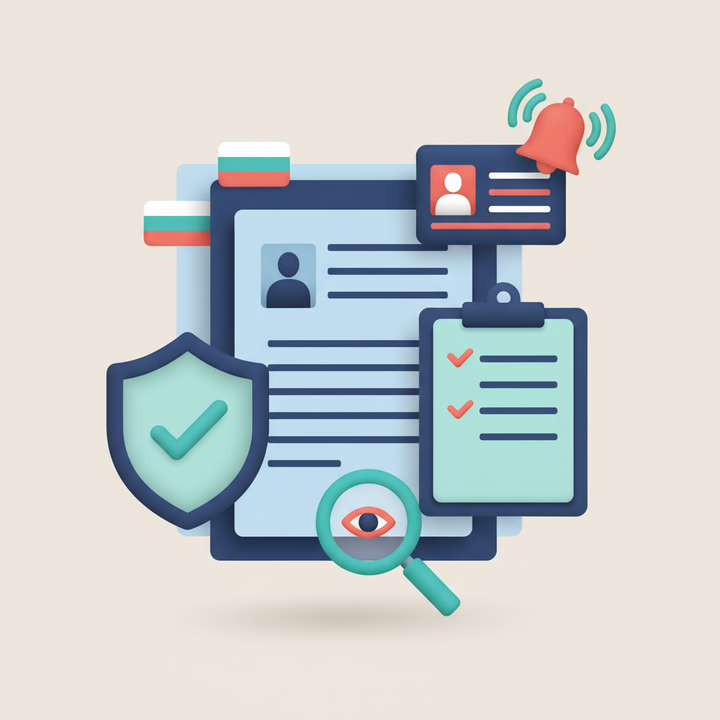 Compliance icons representing AML/KYC procedures for crypto business in Bulgaria with Bulgarian flag colors