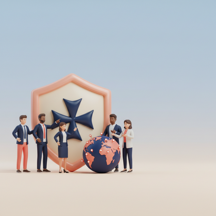 Malawi gaming license guide illustration with a compliance shield and advisory team