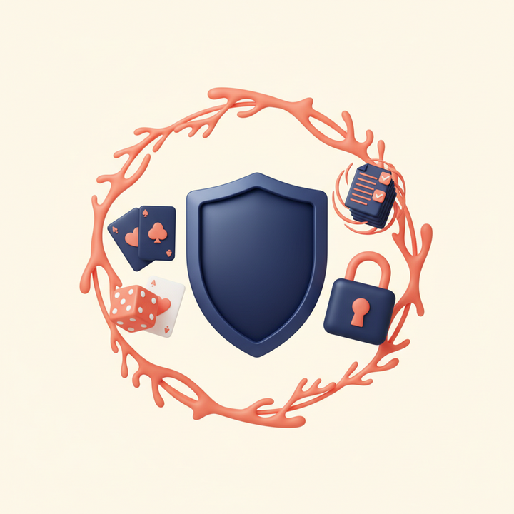 Shield with playing cards, dice and padlock representing Malawi gaming license security and compliance