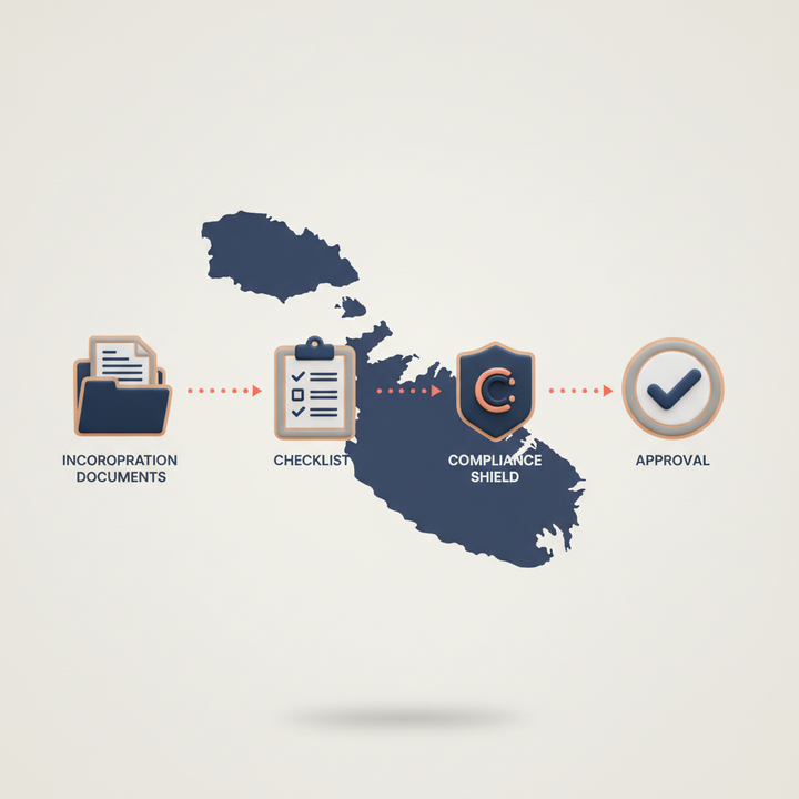 Step-by-step Malta gaming license process with documents, compliance shield, and approval icons